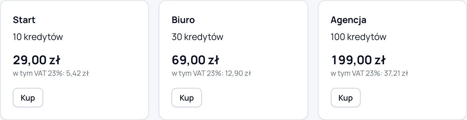 Pakiety kredytów w aplikacji: Start, Biuro i Agencja z ceną brutto i kwotą VAT