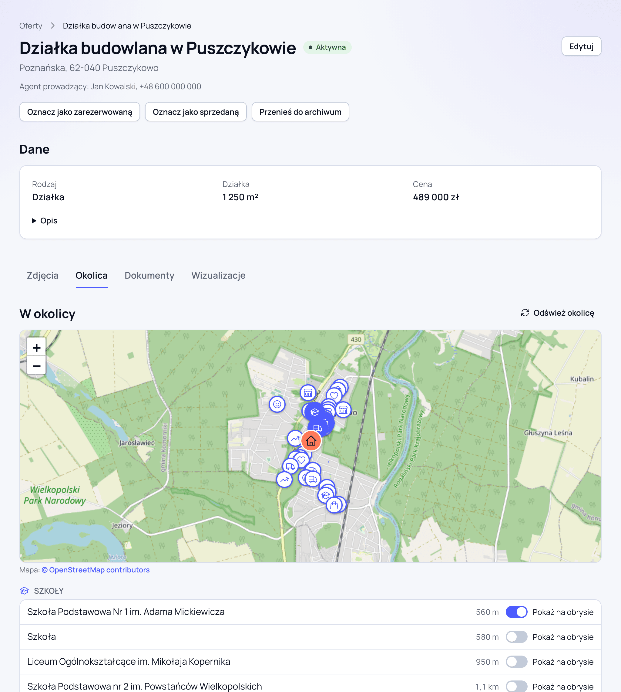 Zakładka Okolica: mapa z punktami wokół oferty i lista szkół, sklepów i przystanków z odległościami