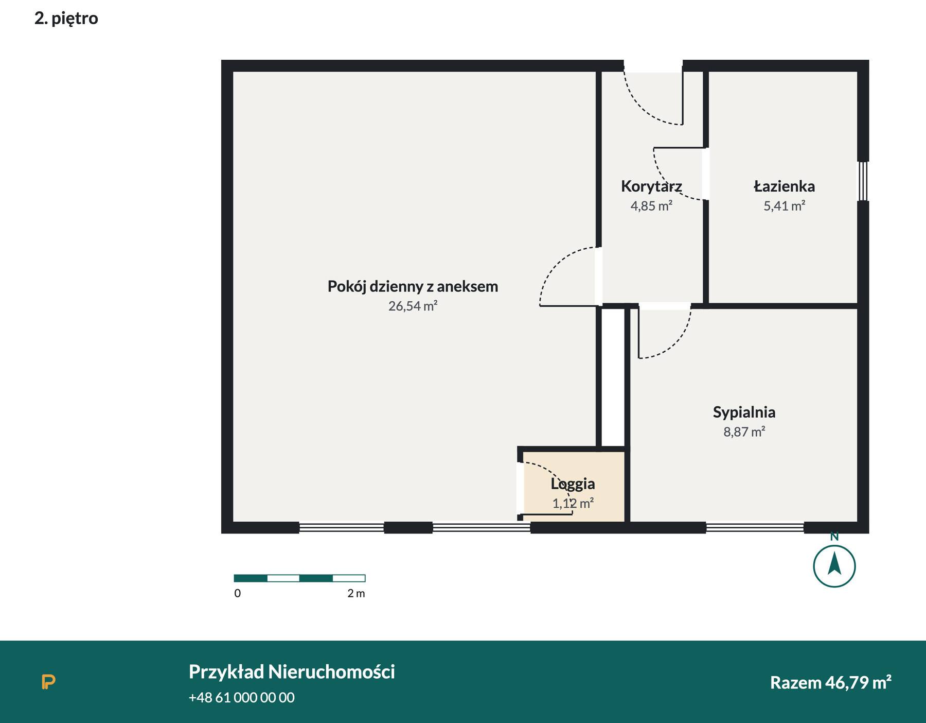 Rzut mieszkania dwupokojowego narysowany w Planvii: ściany, drzwi, okna, nazwy i metraże pomieszczeń, strzałka północy i skala